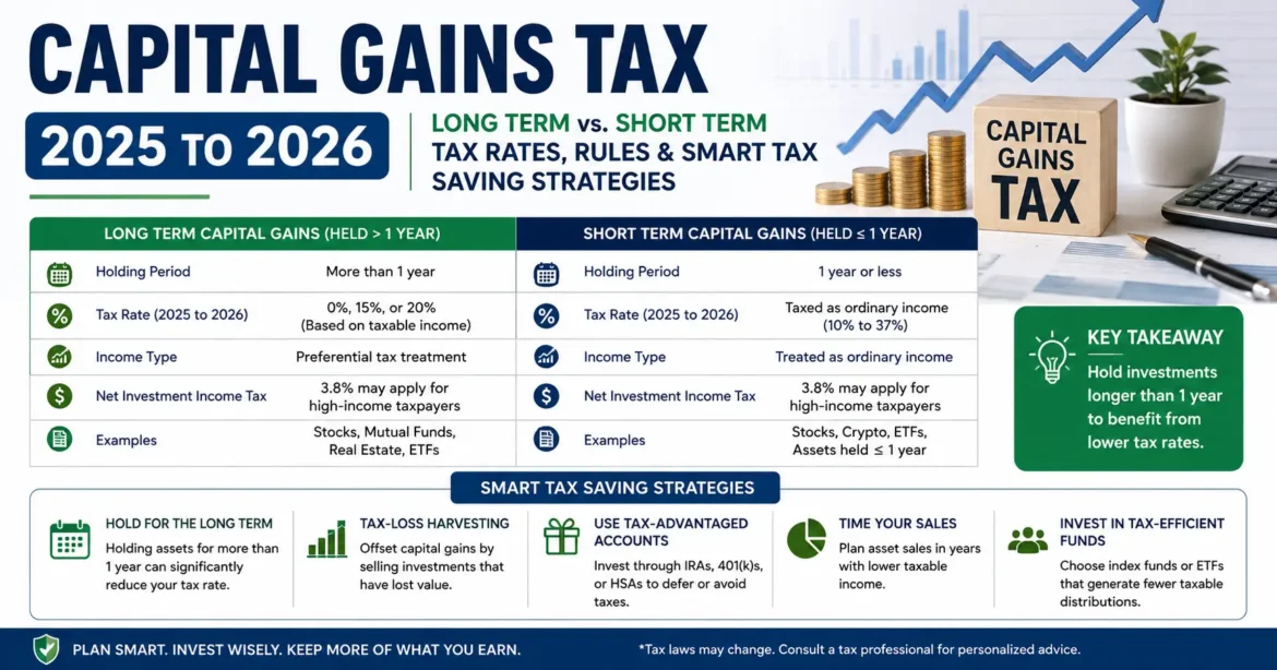 Capital gains tax comparison infographic for 2025–2026.