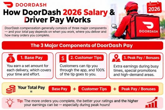 DoorDash 2026 salary and driver pay from base pay, tips, and bonuses.