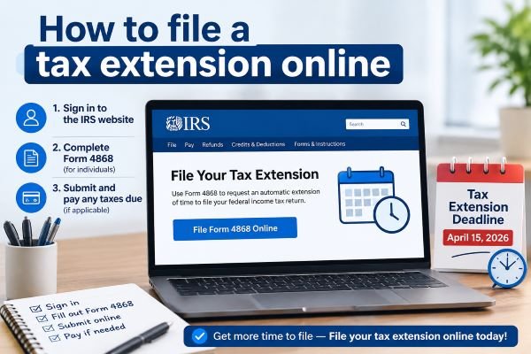 How to File a Tax Extension Online in 2026 with Form 4868, IRS website, and tax deadline reminder.