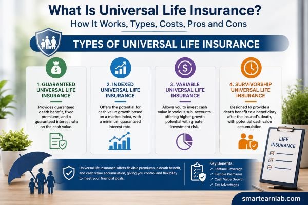 Types of universal life insurance including guaranteed, indexed, variable, and survivorship life insurance.