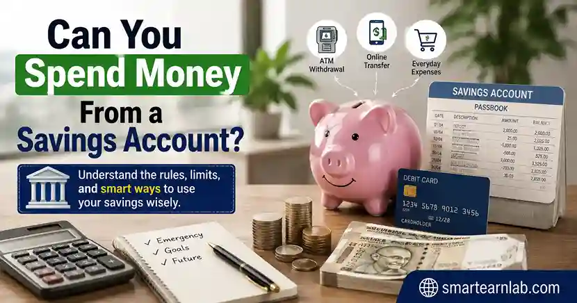 Savings account with debit card, piggy bank and money
