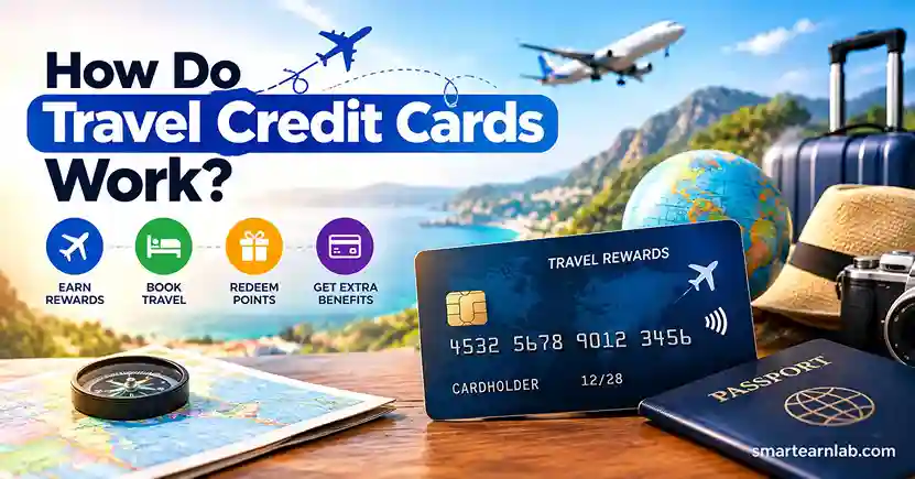 Travel credit card rewards explained with a travel card and airplane.