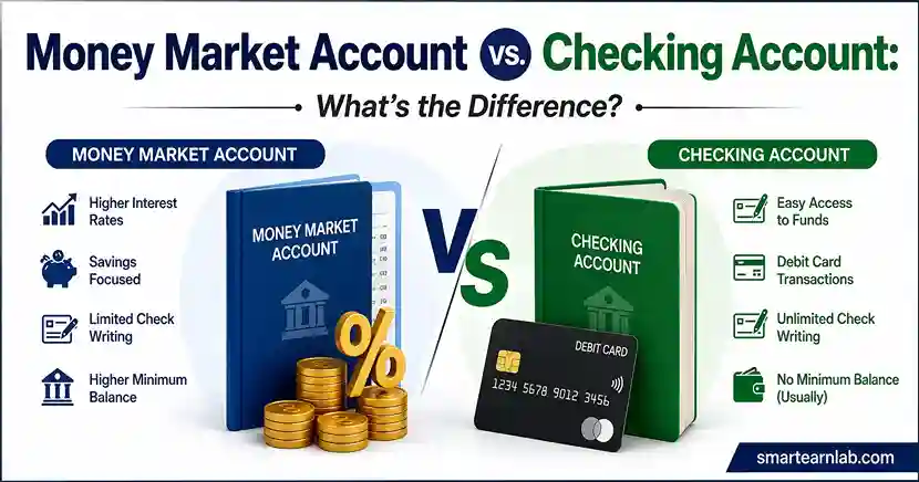Money Market Account vs Checking Account comparison showing key differences, benefits, and features