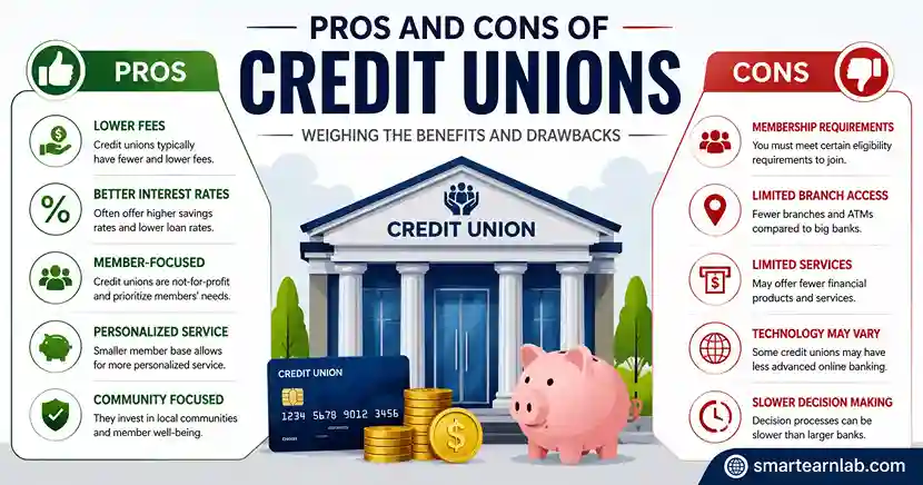 Pros and cons of credit unions showing benefits and drawbacks